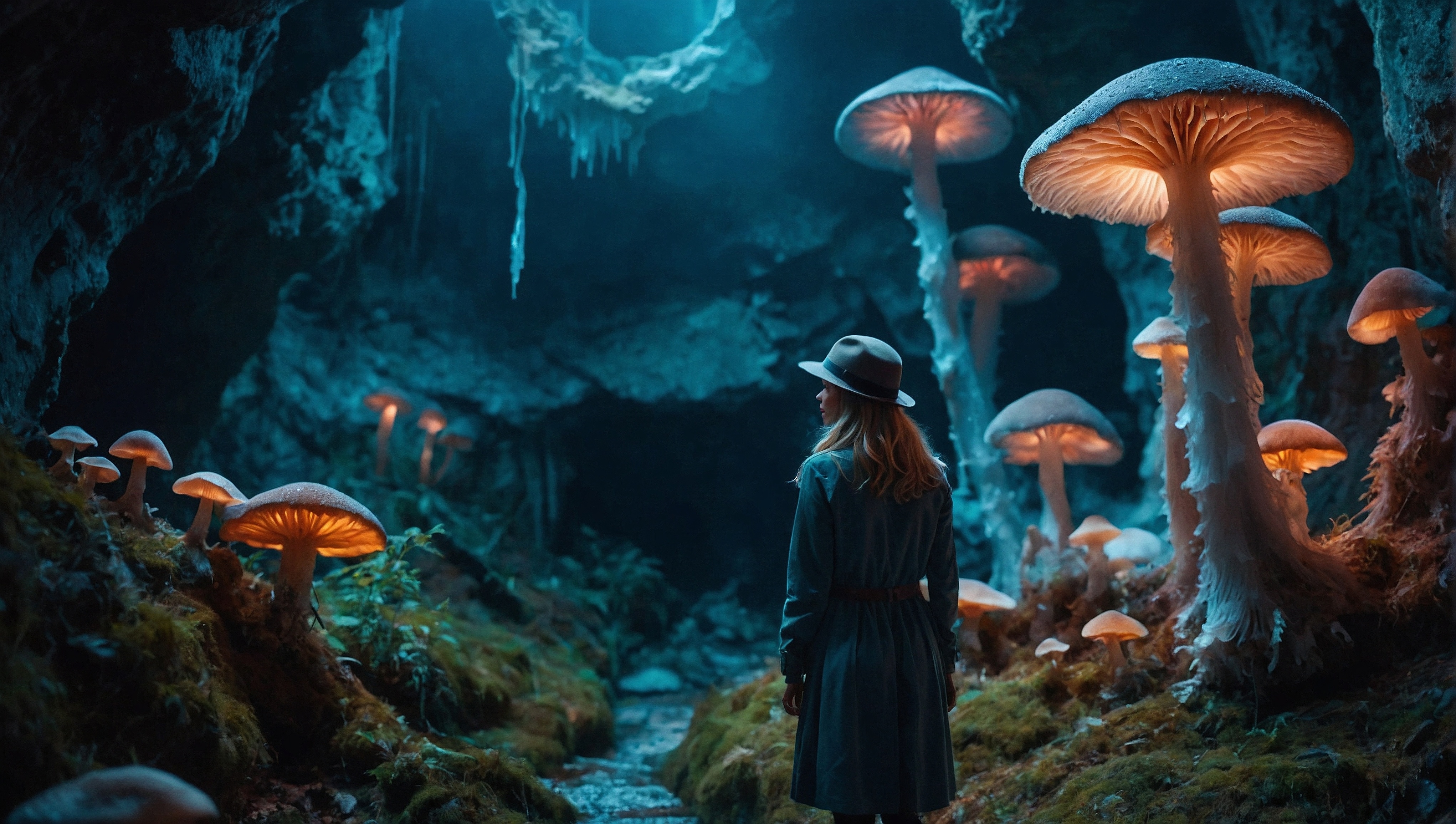 A man stands near mushrooms in the woods