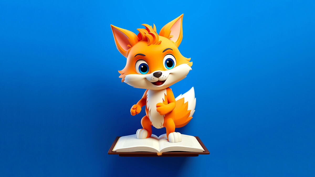 Red fox with a book on a blue background