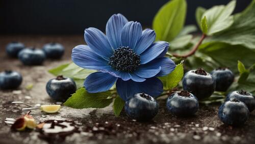 Голубой цветок лежит на земле рядом с мелкими плодами и листьями.
