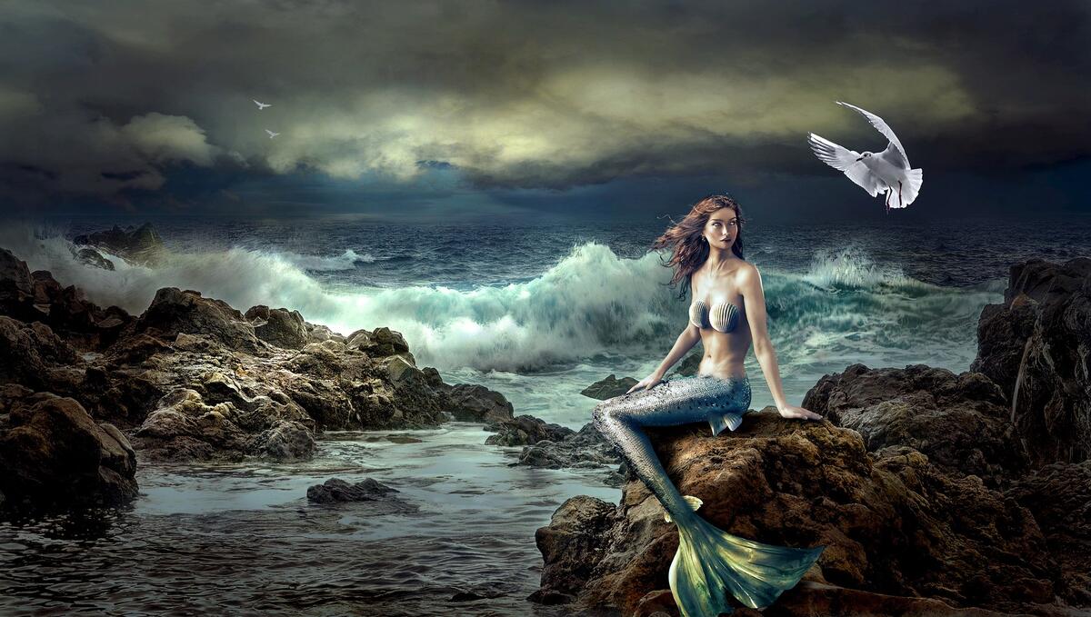 A mermaid sits on a rock