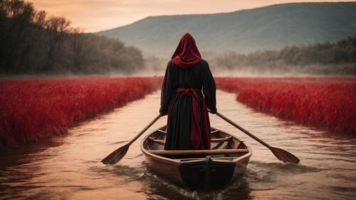 Человек, гребущий на лодке по озеру, в красном капюшоне