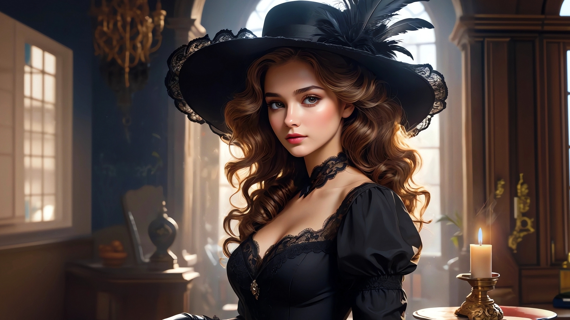 Портрет девушки в черном платье и шляпе