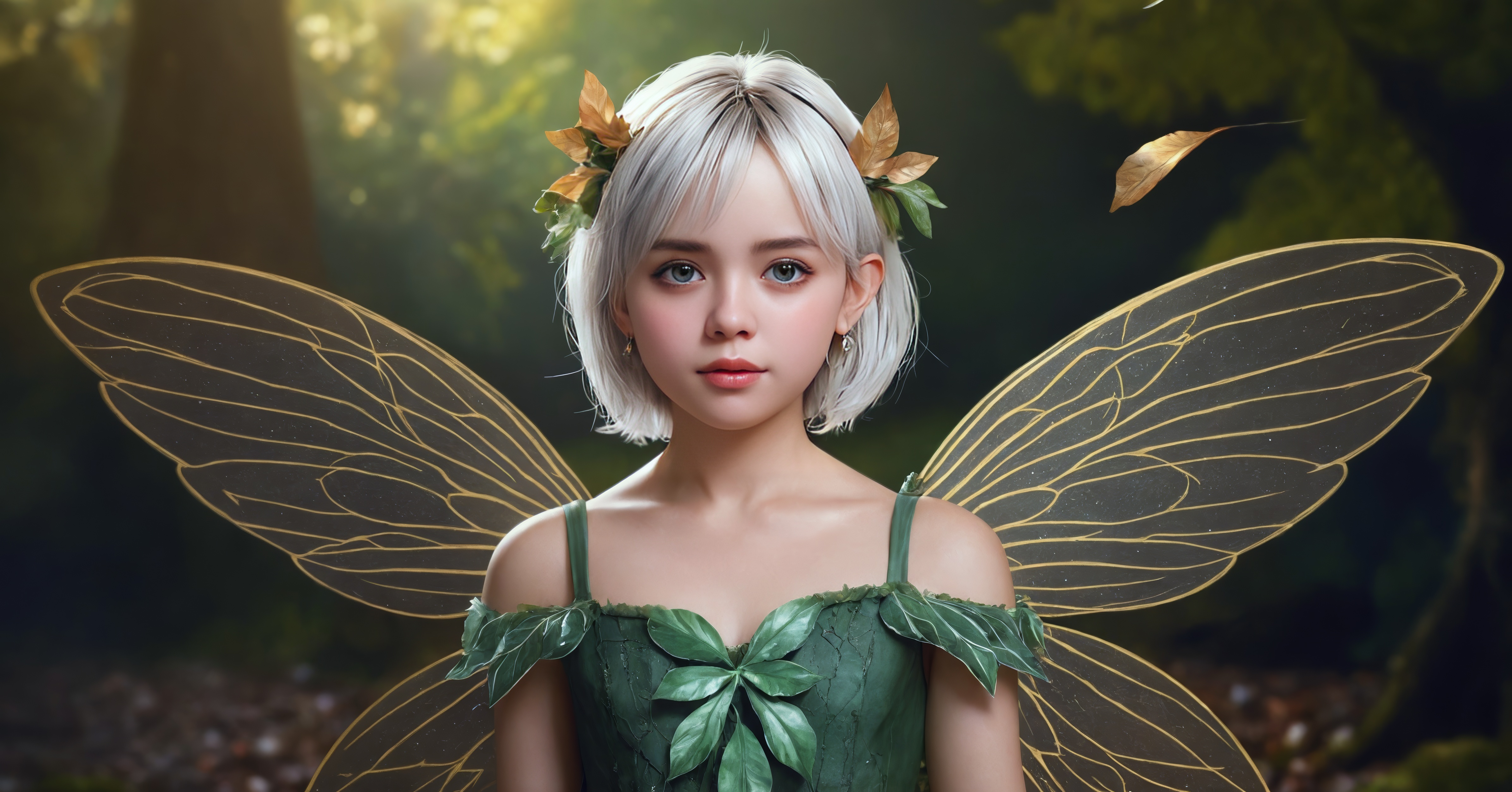Free photo A young girl with white hair and an outfit made from fairy leaves