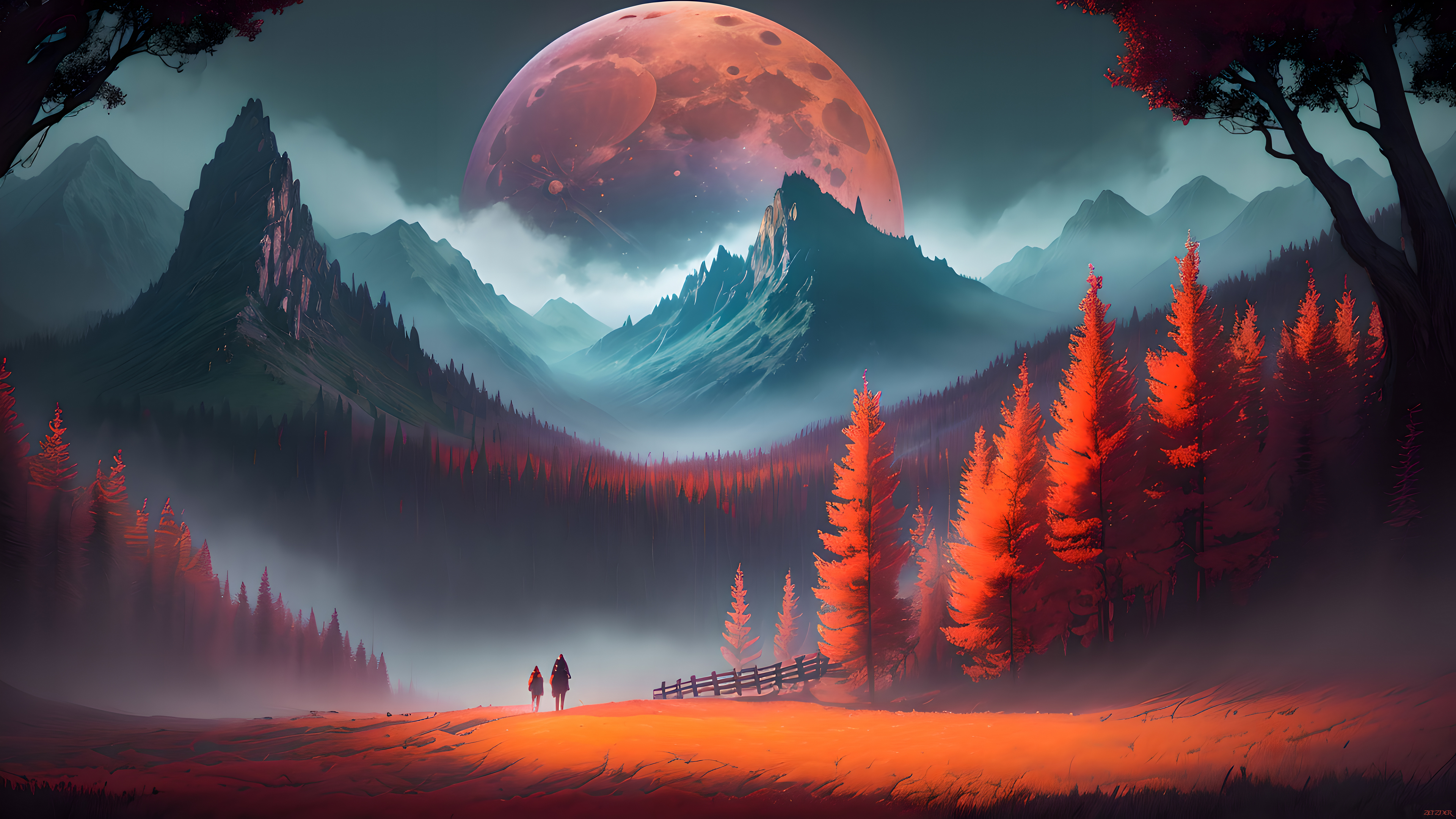 Fantasy landscape with people walking in the mountains against the backdrop of a huge moon