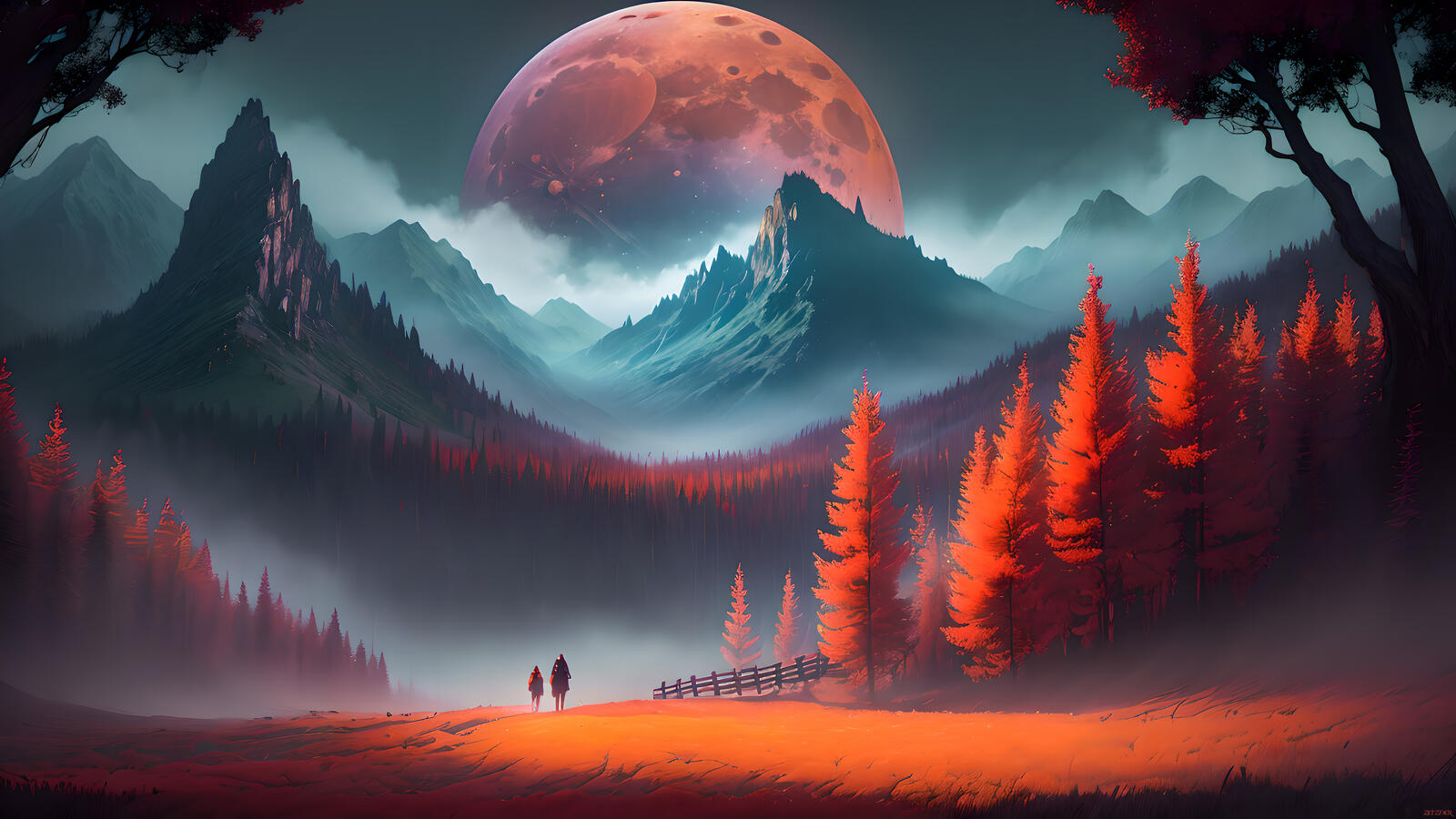 Бесплатное фото Фэнтезийный пейзаж с людьми идущими в горы на фоне огромной Луны