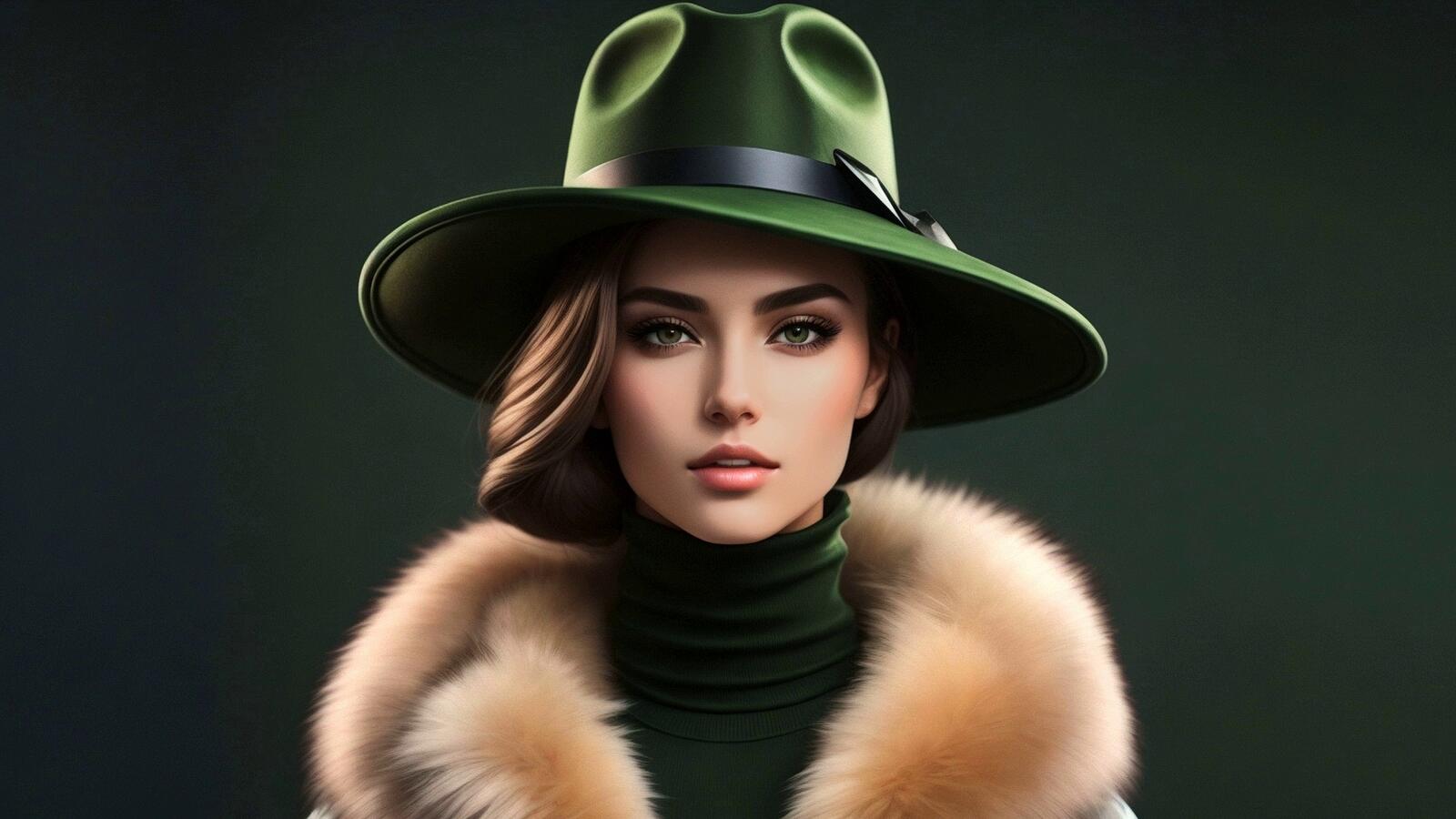 Бесплатное фото Портрет девушки в шляпе на зеленом фоне