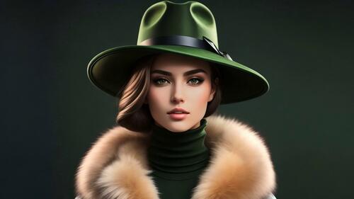 Портрет девушки в шляпе на зеленом фоне