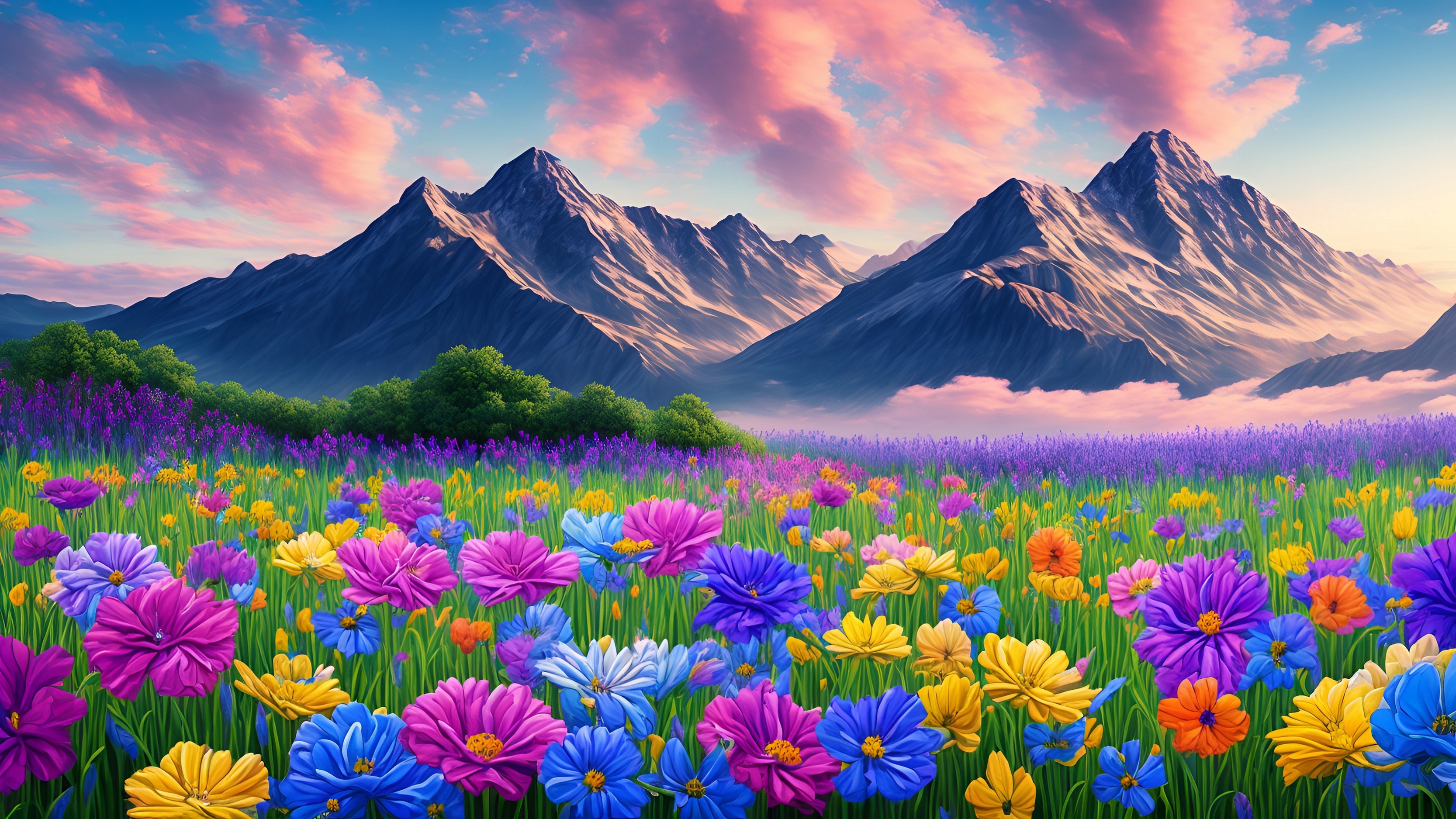 Рисунок большого поля с цветами на фоне гор
