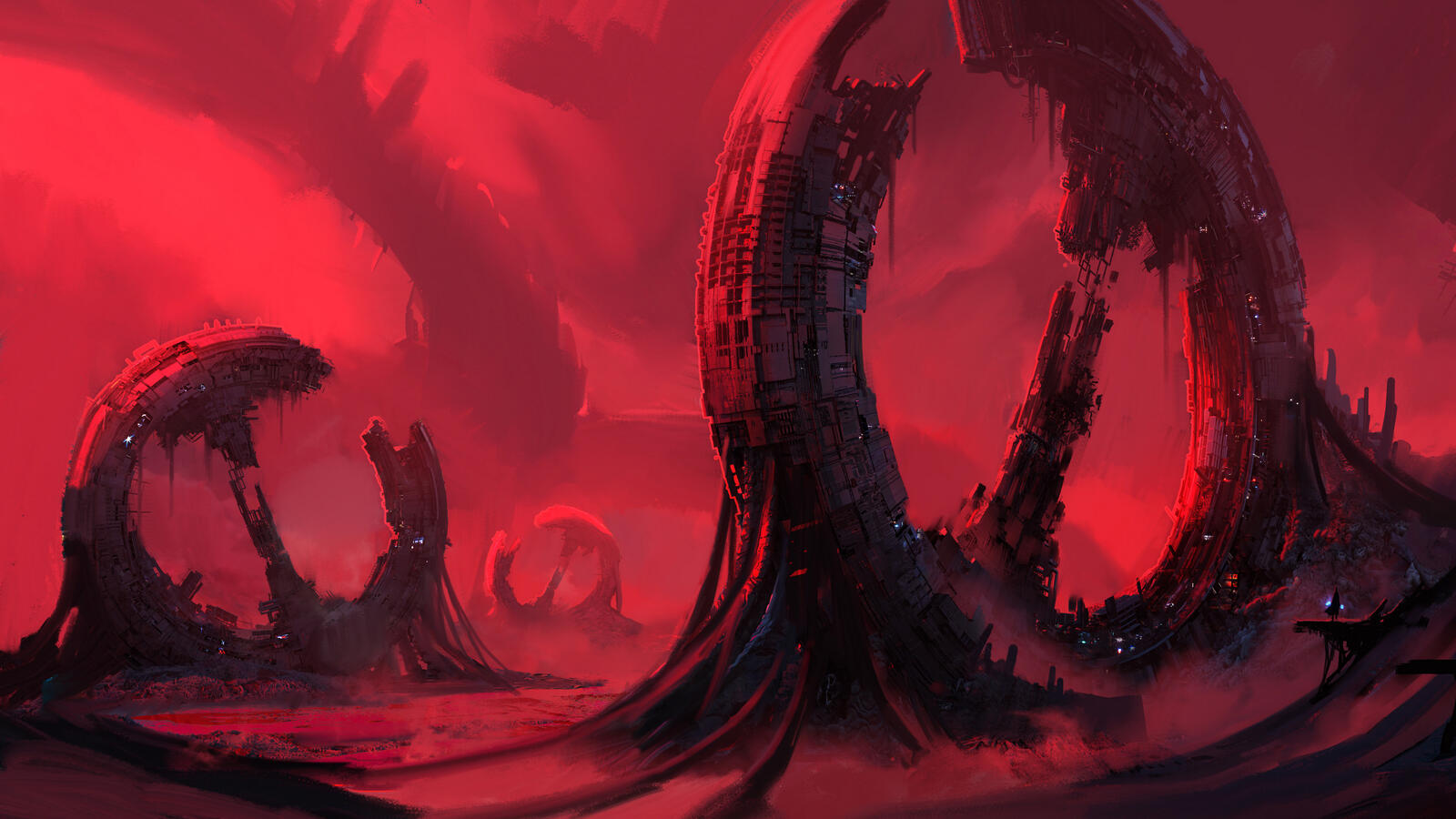 Бесплатное фото Инопланетные ворота освещенные красным небом