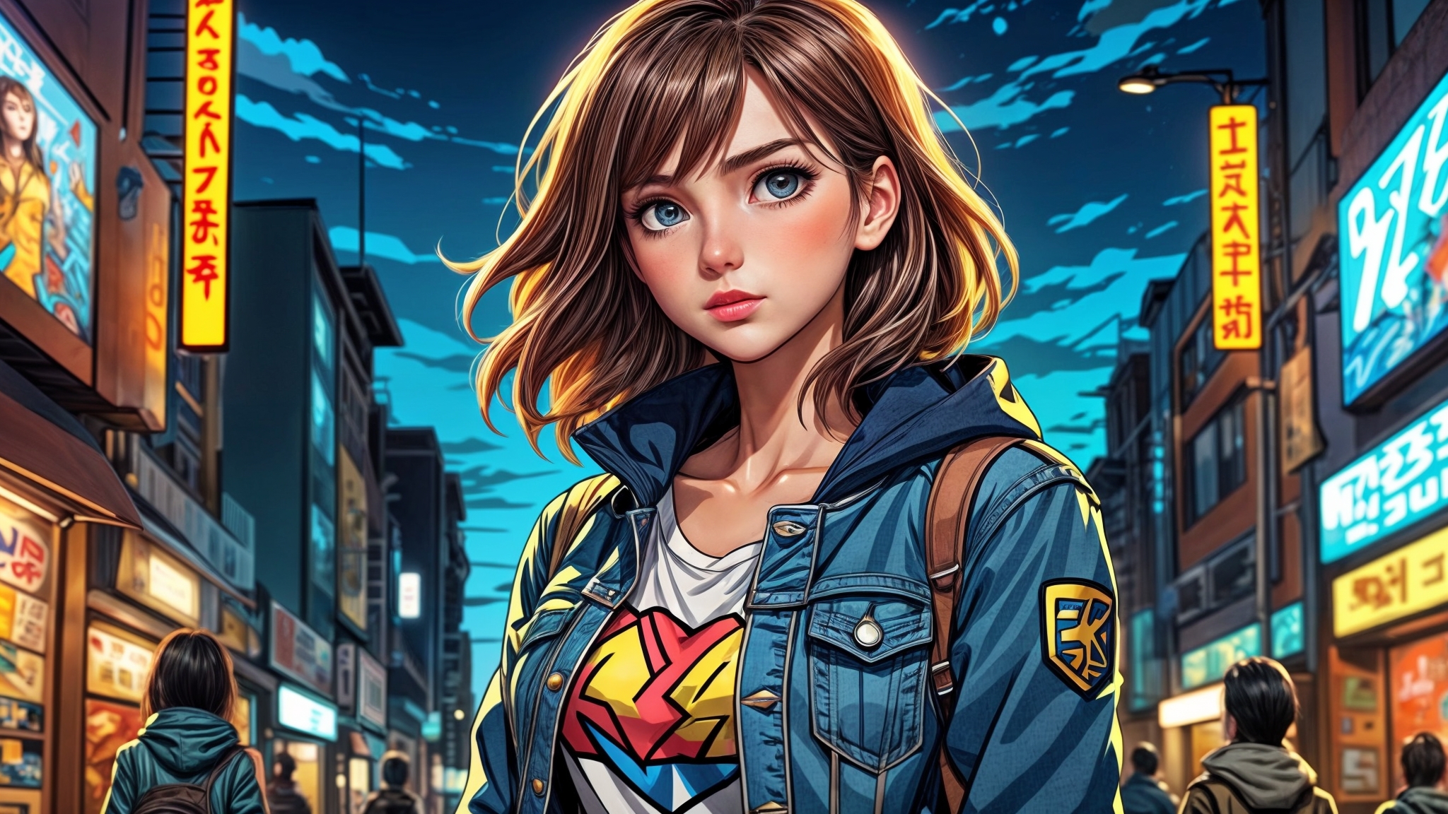 Рисунок портрет девушки в джинсовой куртке на улице города