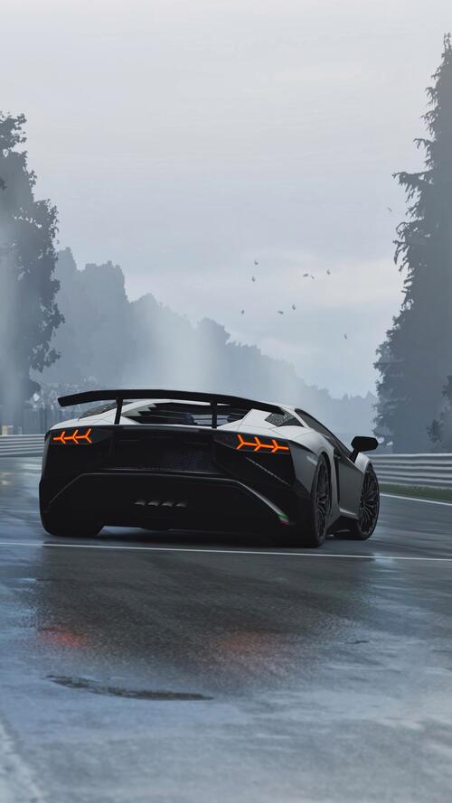 Lamborghini Murcielago вид сзади в дождливую погоду
