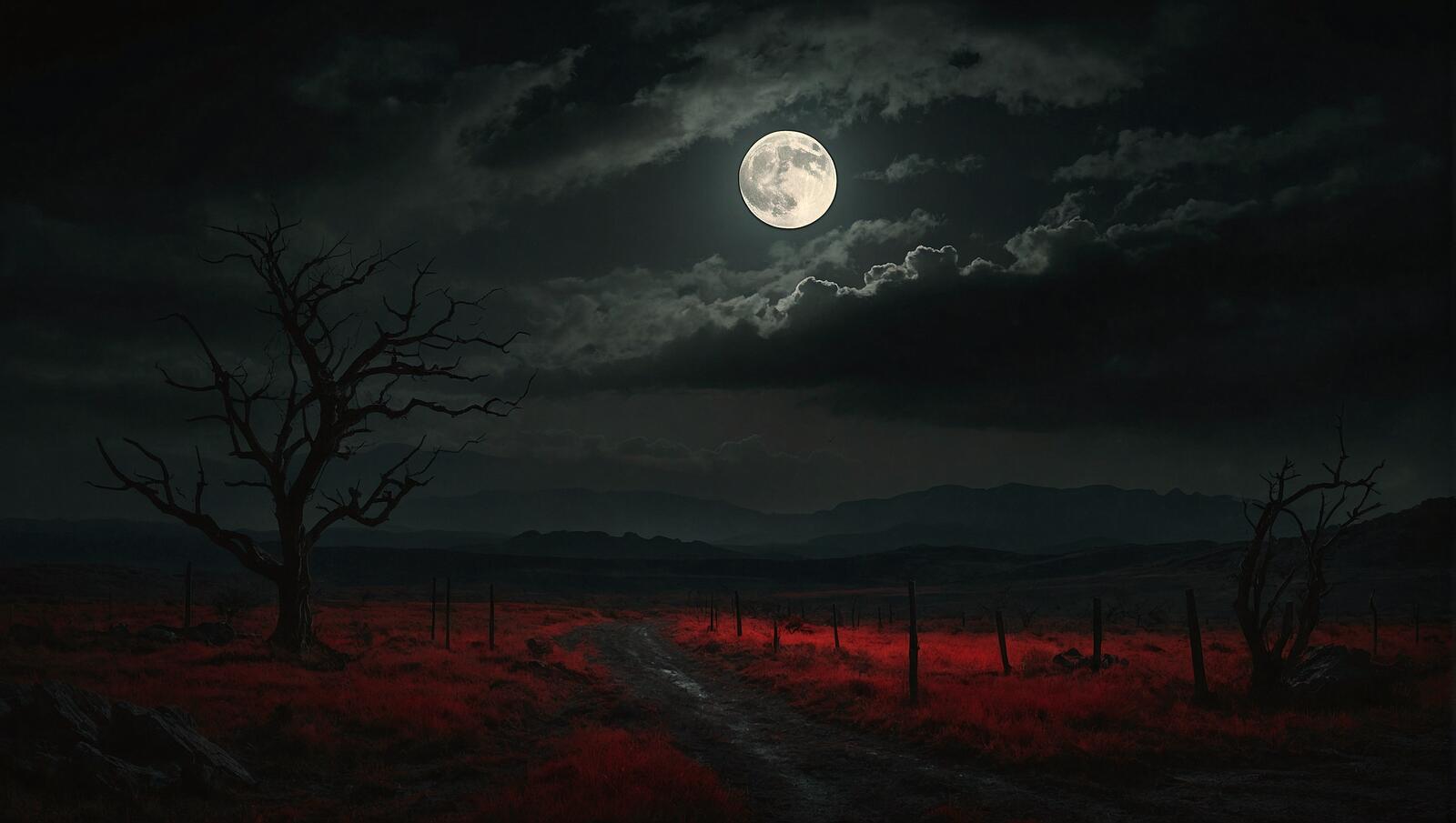 Free photo An oil painting of a road at night with the moon in the background