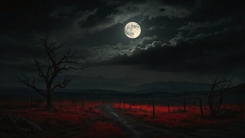 Картина маслом, изображающая ночную дорогу с луной на заднем плане