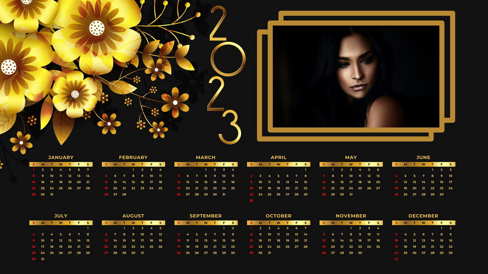 Wallpapers calendar black background 2023 on the desktop