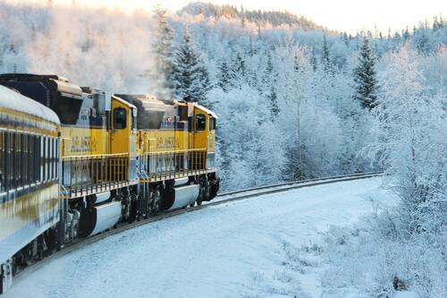 A train rides through a winter frosty forest