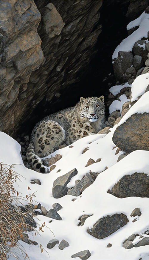 一只雪豹躲在雪洞中。