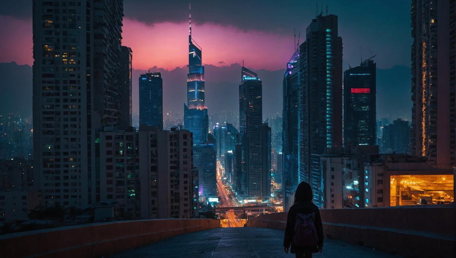 Бесплатное фото Человек стоит на мосту и смотрит на город.