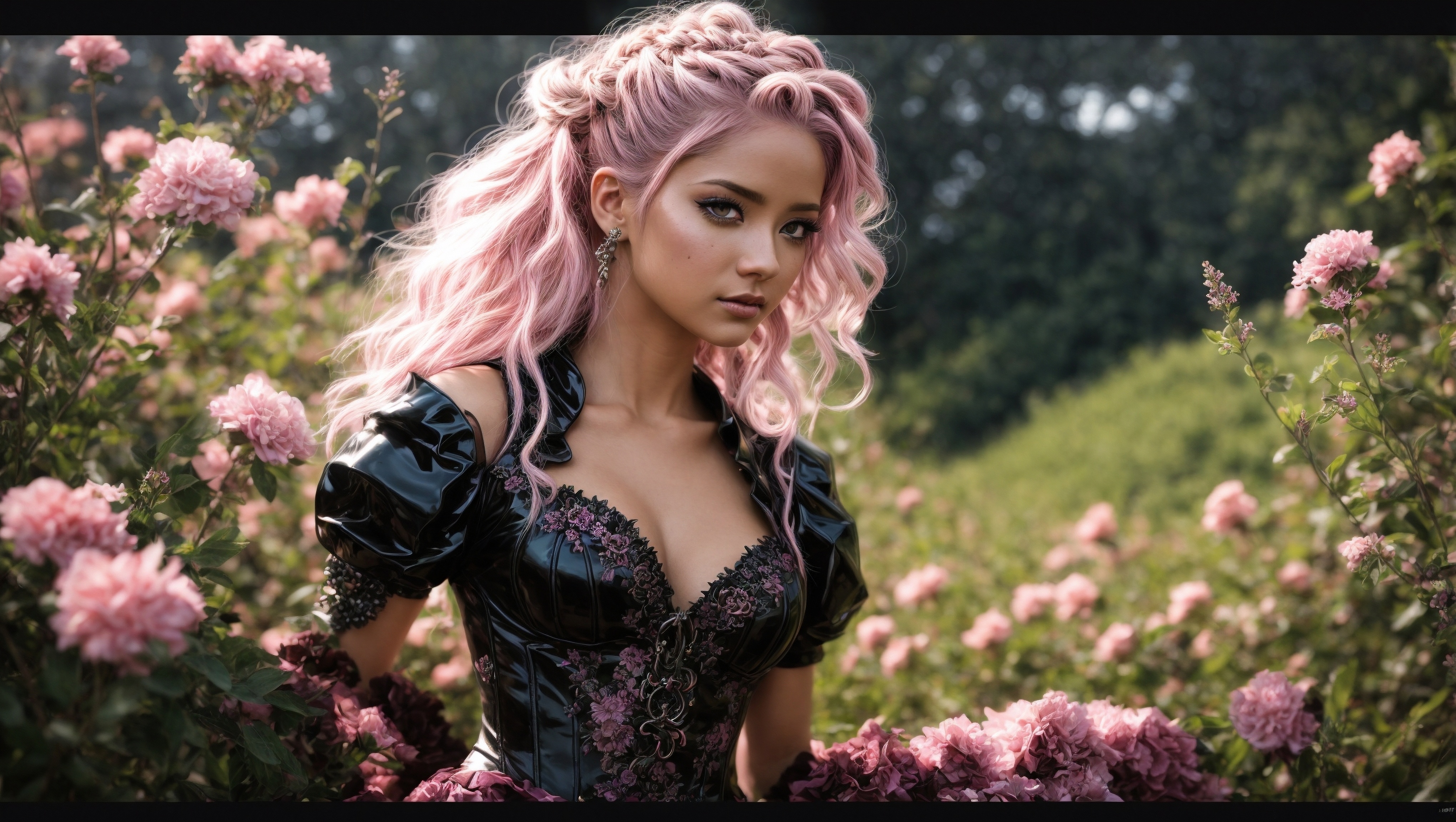 Free photo A woman with pink hair standing next to flowers