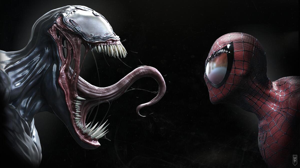Venom forgiving Spider-Man on black background