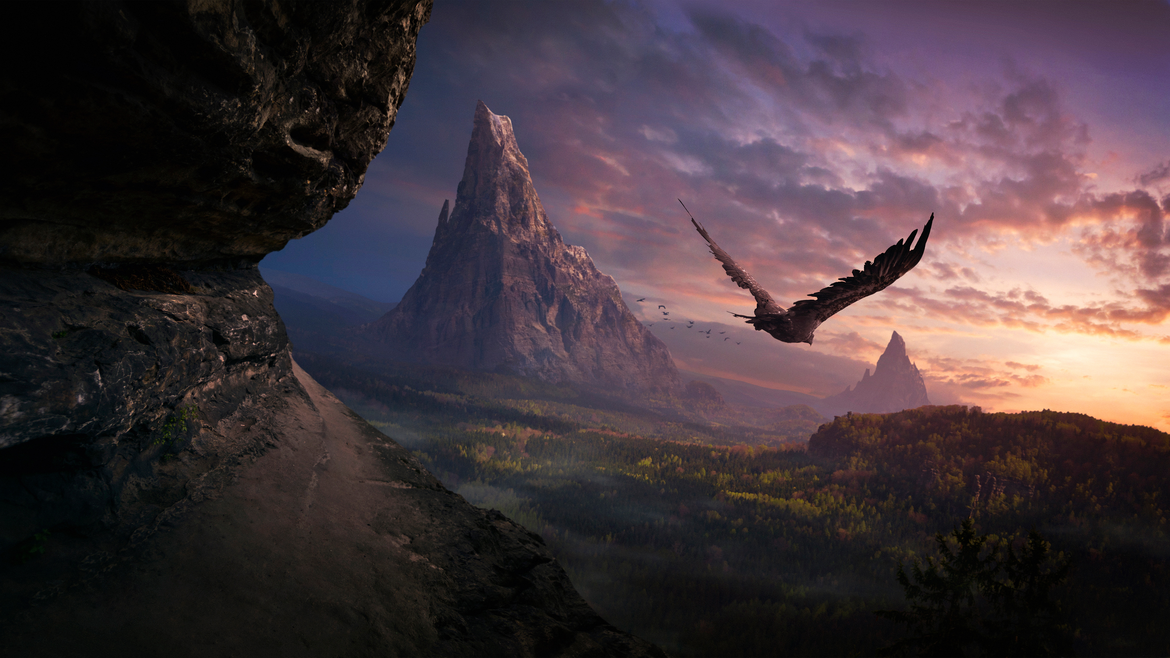 Бесплатное фото Орел летит на закате среди горных вершин