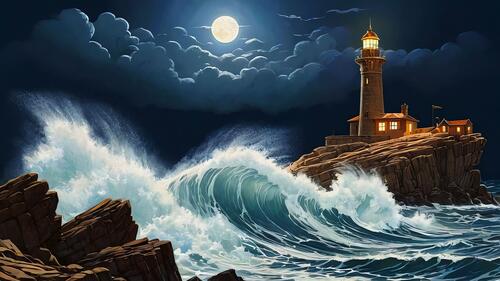 A drawing of a lighthouse at night and the sea