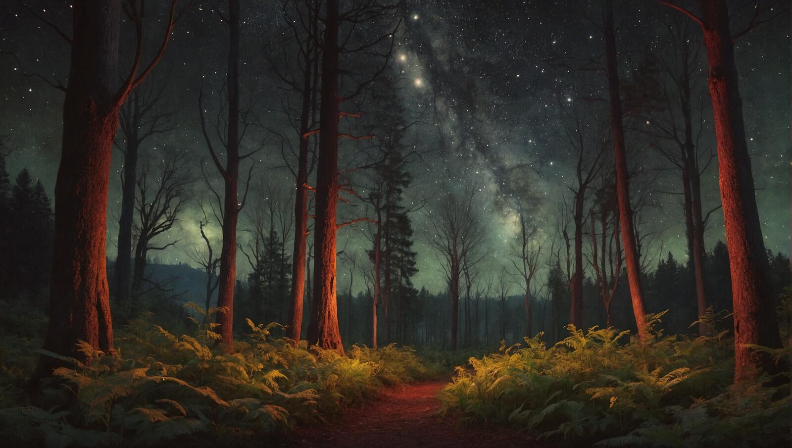 Free photo A path through the woods and stars in the night sky.