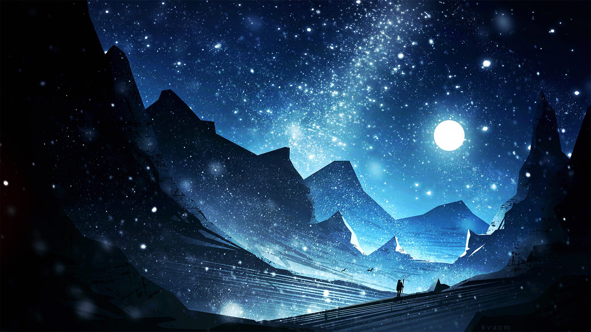 An image with magic in the mountains at night by moonlight