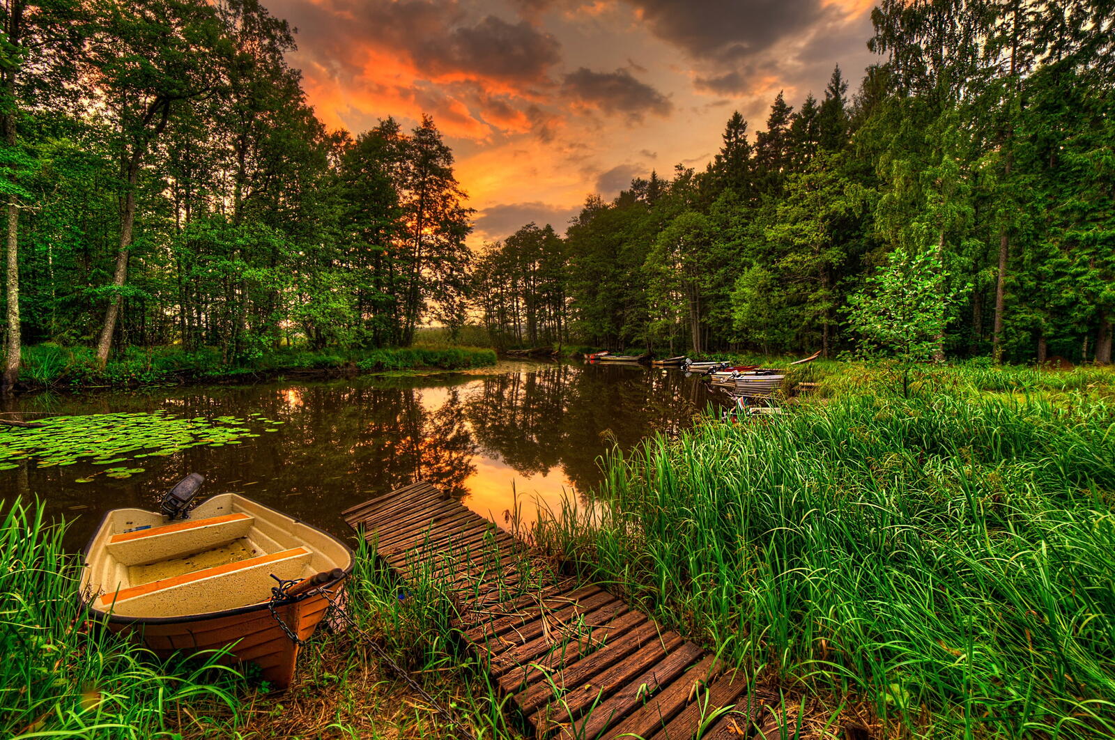Free photo Wooden bridge with a boat on a summer lake