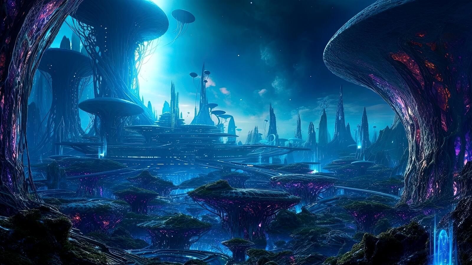 Free photo A fantasy city and an alien world