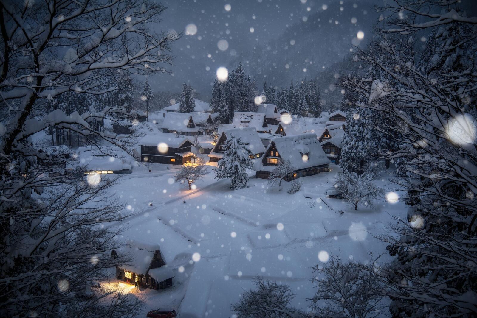 Бесплатное фото Зимняя деревня вечером