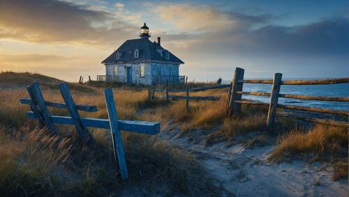A run down church sits next to the ocean
