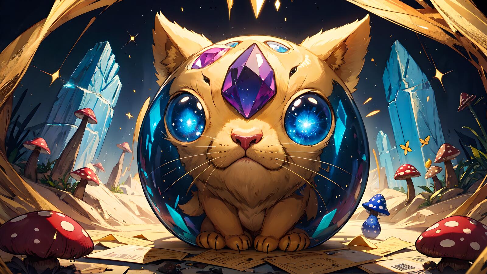 Free photo The spherical crystal cat with big blue eyes