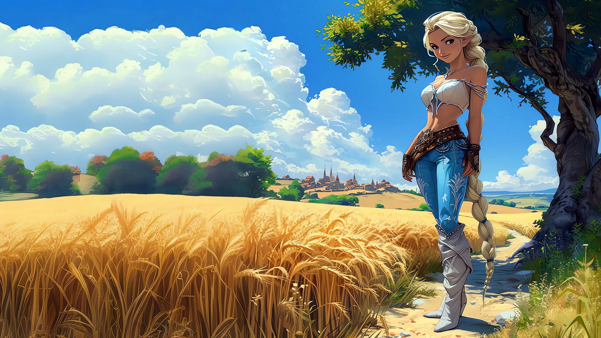 The elf girl is standing in a field