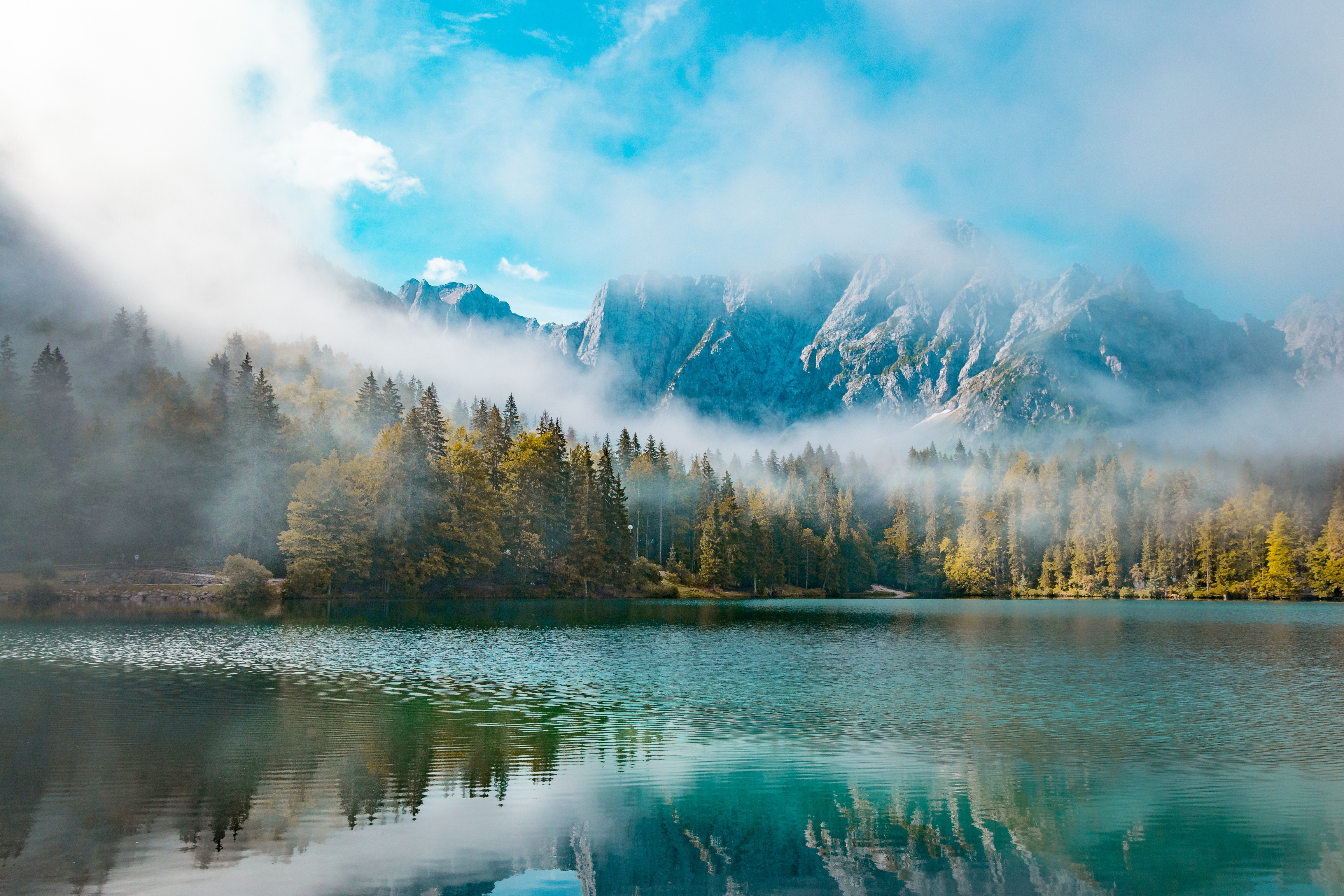 A misty lake in the mountains