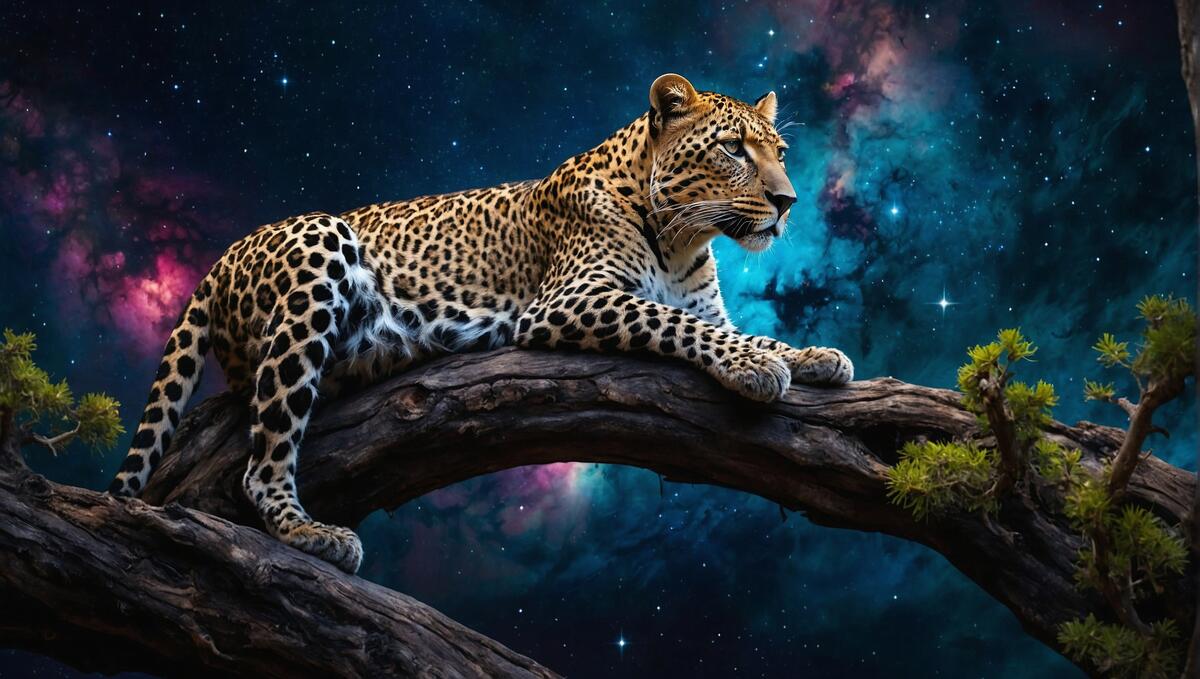 A painting of a leopard on a tree branch under the stars