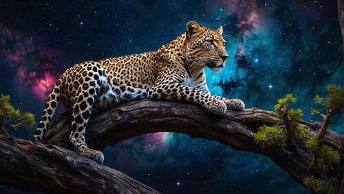 A painting of a leopard on a tree branch under the stars