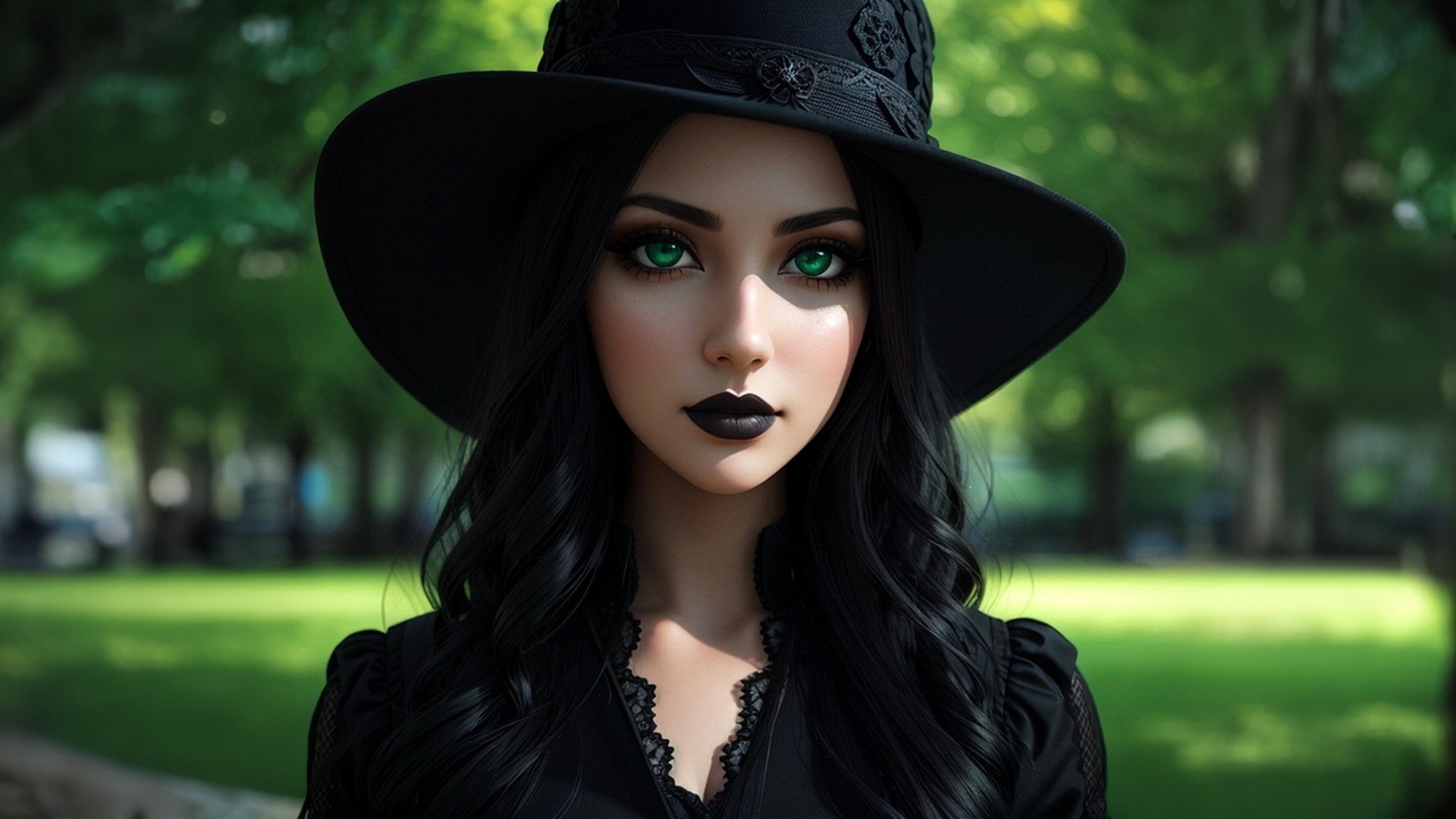 公园里戴黑帽子女孩的肖像