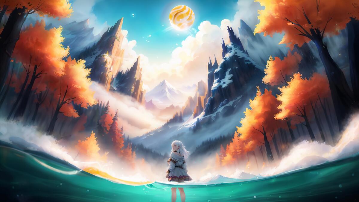 A fantasy girl in an autumn forest among the mountains