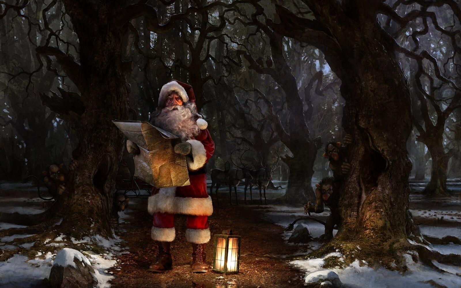 桌面上的壁纸森林 圣诞老人 花灯