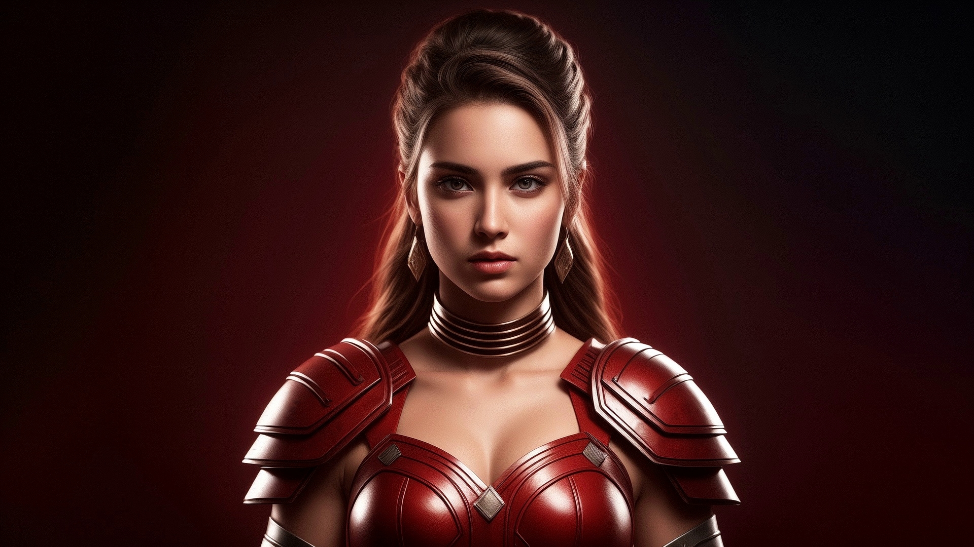Portrait of a girl in armor on a red background