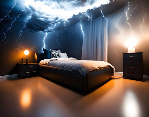 Thunderclouds in the bedroom above the bed.