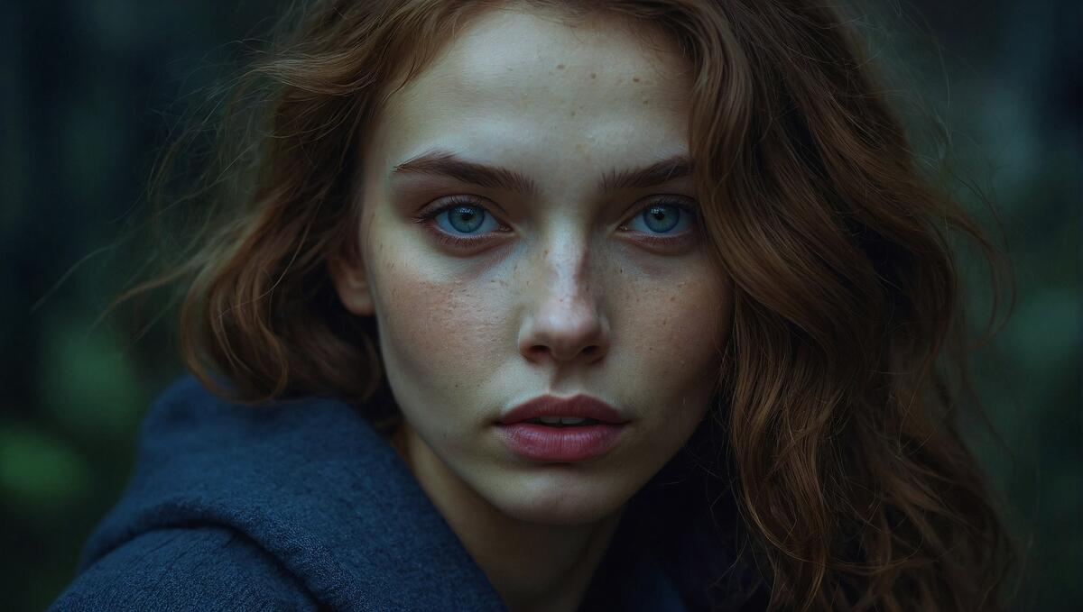 A young girl with freckled hair stares ahead