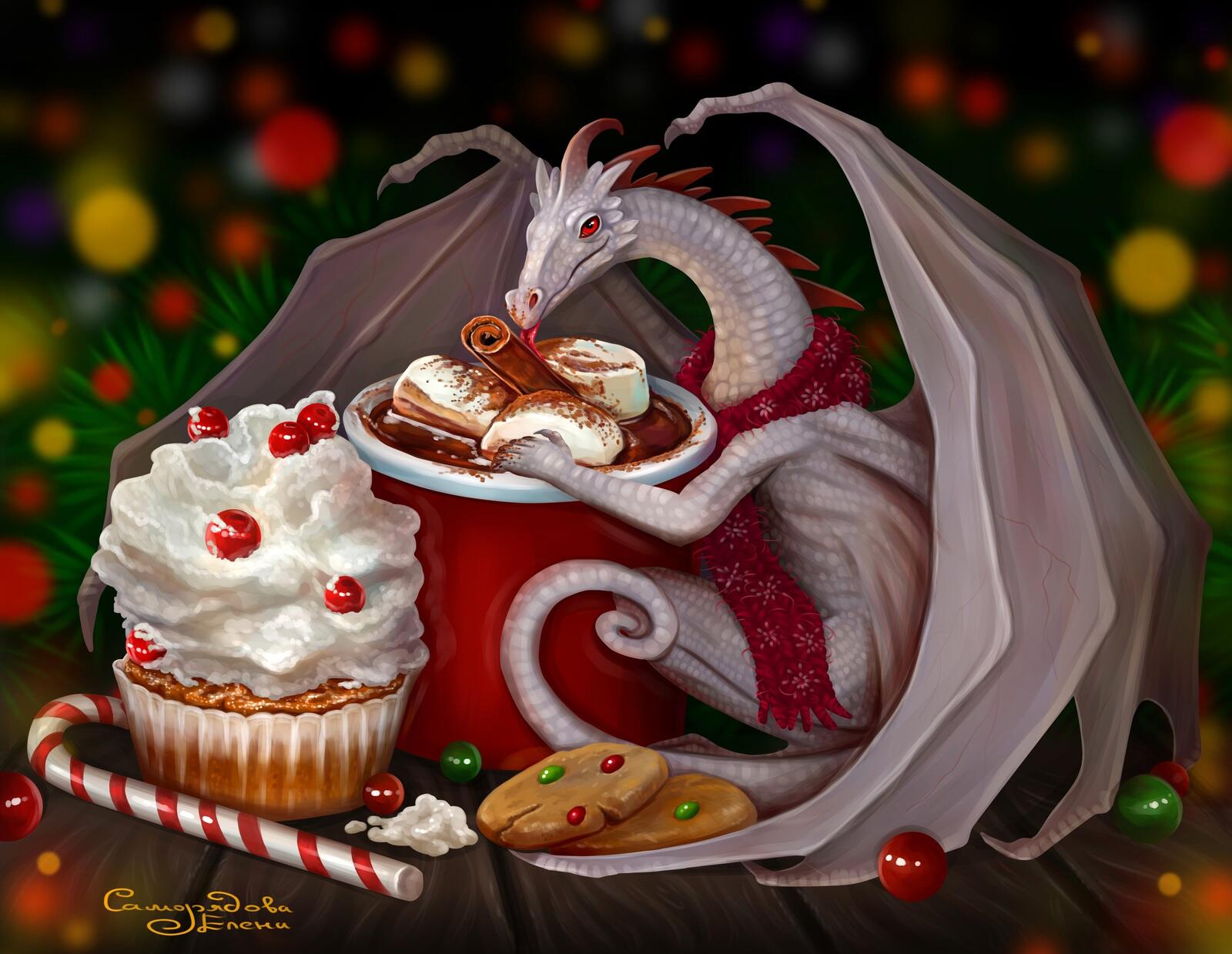 Free photo New Year`s dragon with cupcakes