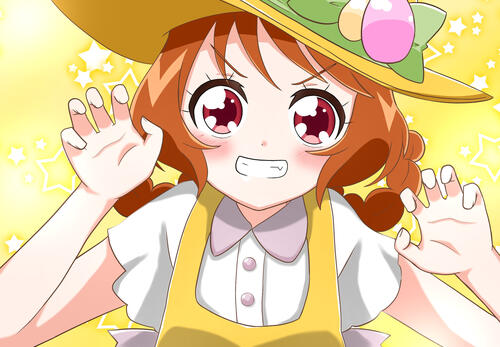 Anime Girl Hanamichi Ran with Hat on Yellow Background