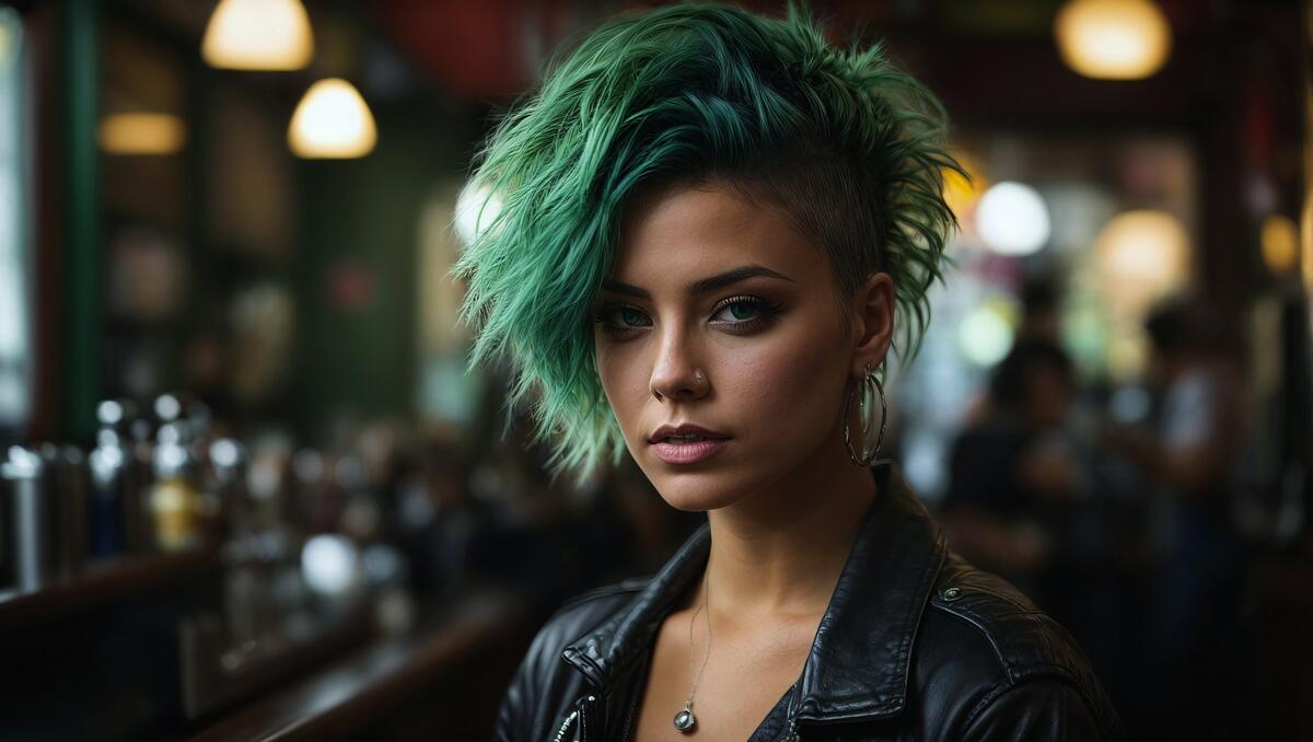 A woman with dyed green hair in a bar