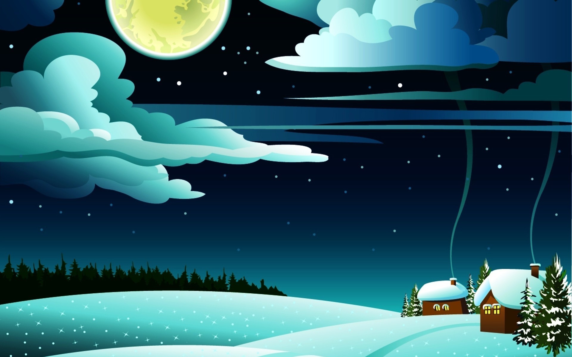 Нарисованный зимний пейзаж в ночи