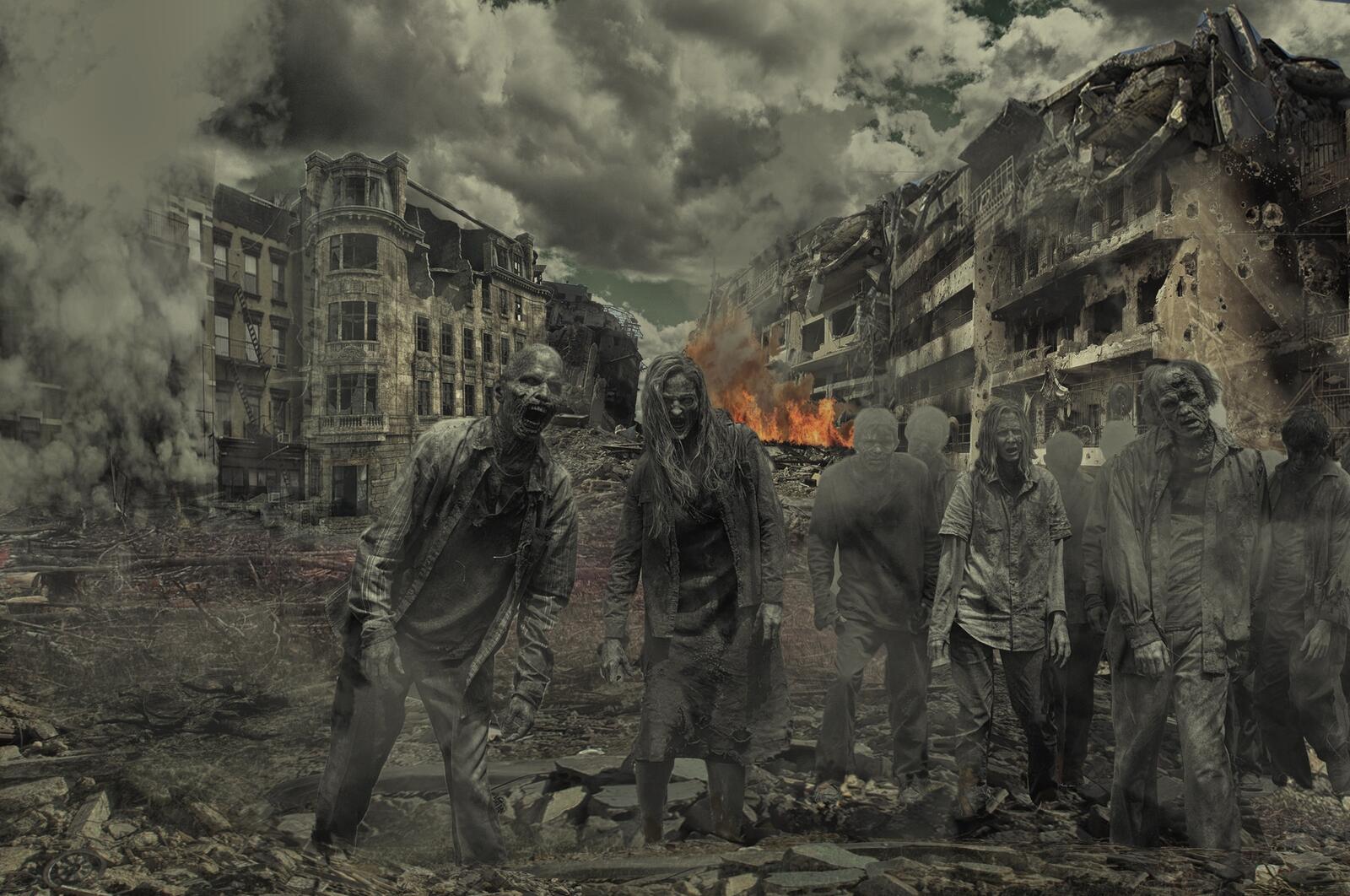 Бесплатное фото Зомби апокалипсис в разрушенном городе