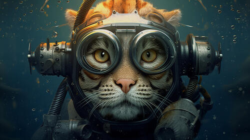 Red cat diver under water