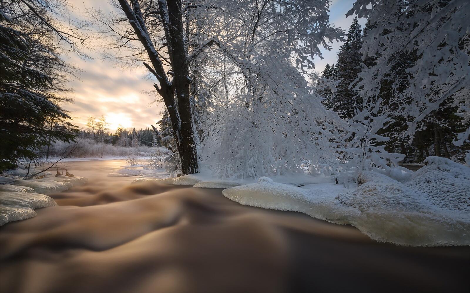 Free photo A flowing river with snow banks