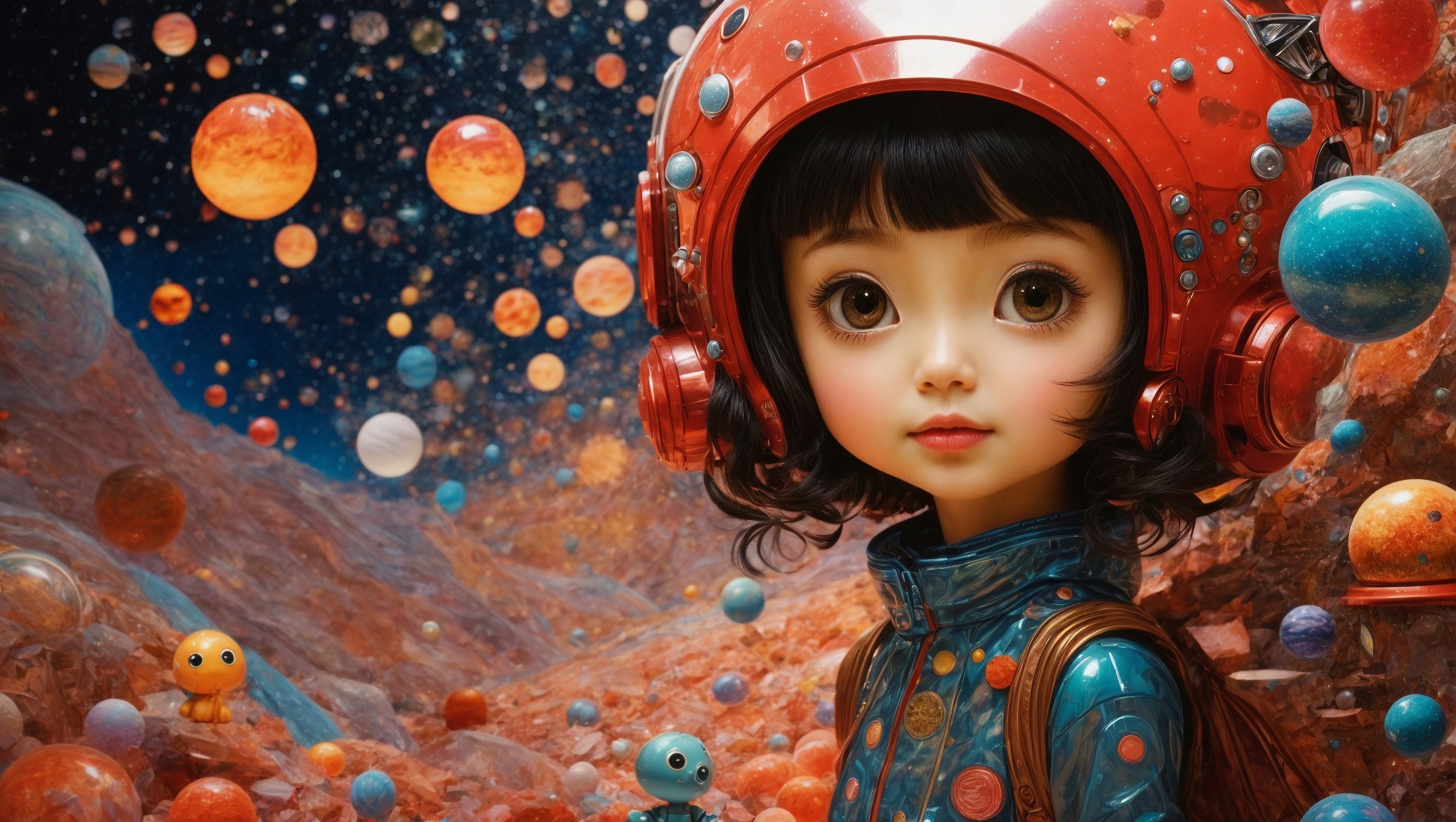Free photo A young girl dressed as an alien in space with orange, blue and orange balloons